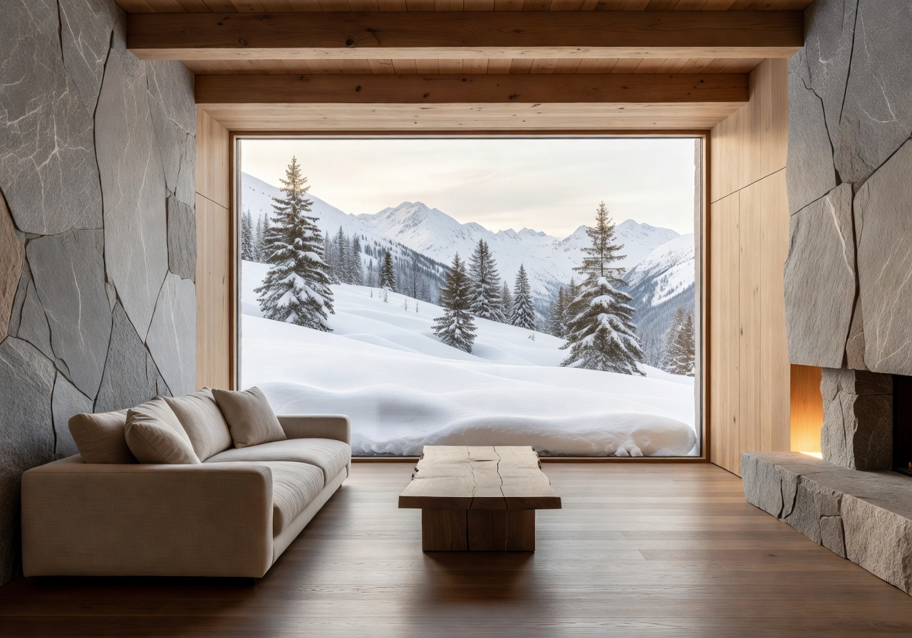 Alpine Residence Room with warm minimal stone and wood overlooking snow