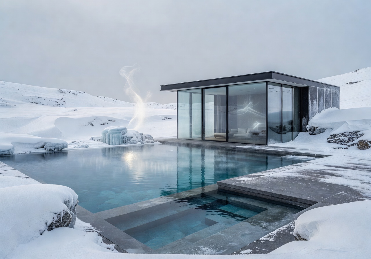 Frost Pool Suite connecting to an icy outdoor pool surrounded by snow