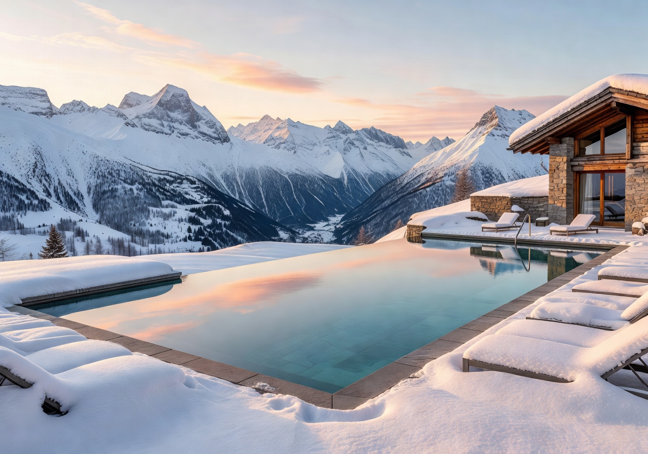 Snow-covered outdoor infinity pool blending into the Swiss Alps